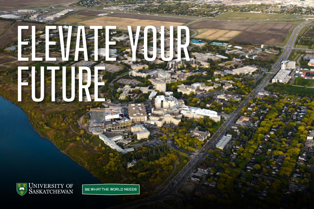 Text reading Elevate Your Future with background photo of aerial shot of USask campus