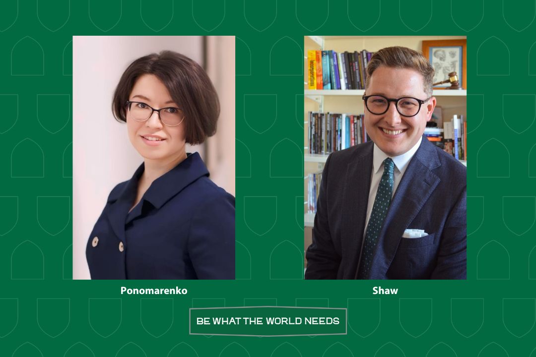 Headshots of Iryna Ponomarenko and Joshua Shaw on a green background.