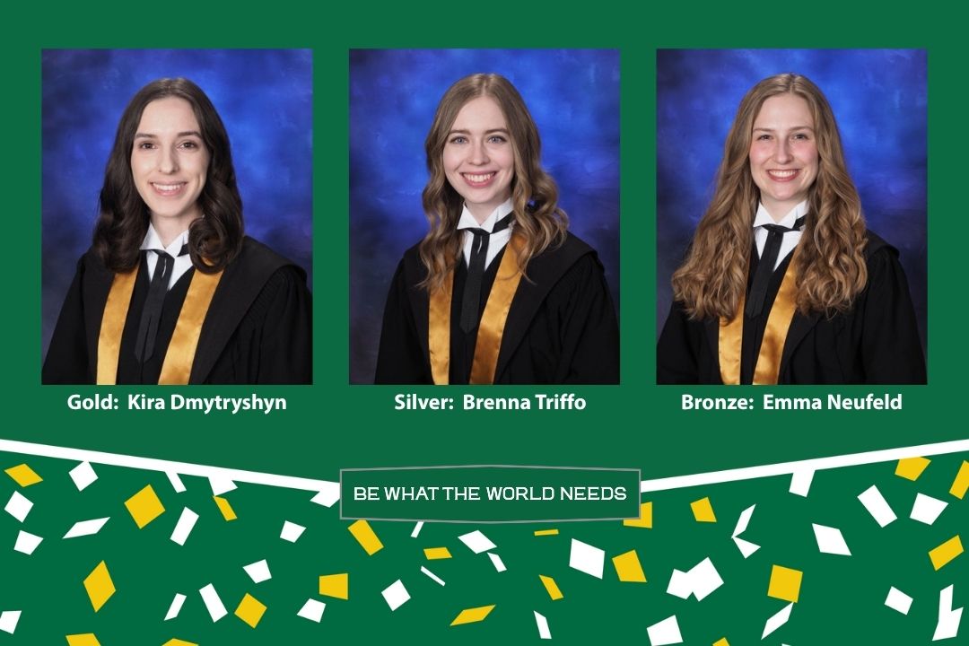 Graduation photos of Kira Dmytryshyn, Brenna Triffo and Emma Neufeld on a green background