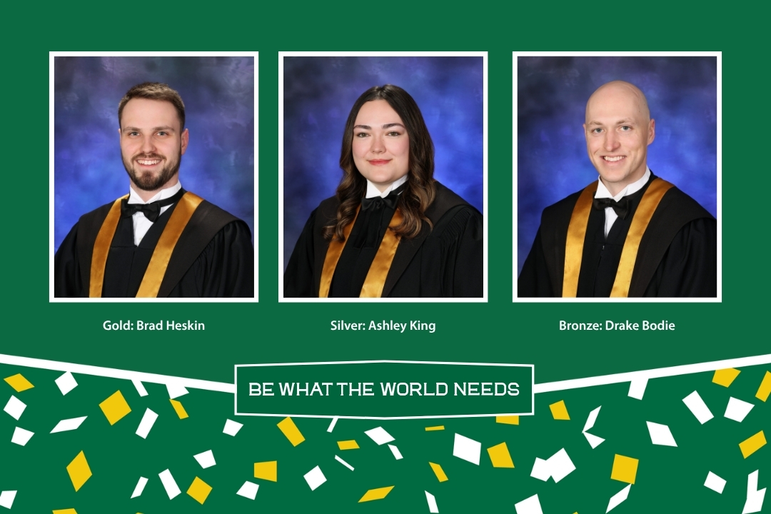 Individual graduation photos of Brad Heskin, Ashley King, and Drake Bodie on a green background with confetti.