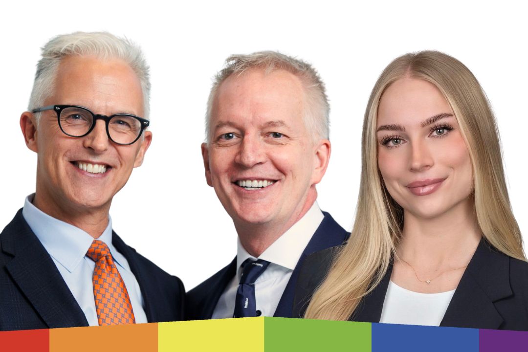 Brad Berg, Brian Rolfes, and Sklyer Gagne headshots arranged next to each other on a blank background with Pride Month themed rainbow border.